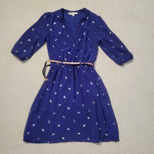 Yumi Women's Navy Blue Metallic Bird Print Belted Shift Dress, Size 4 / Small